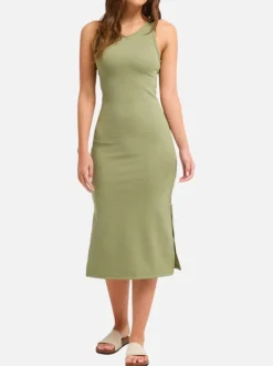 Robe longue olive uni avec une coupe ajustée et à sans manche