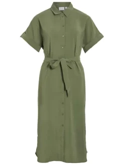 Robe longue olive unie avec une coupe fluide et un col chemise