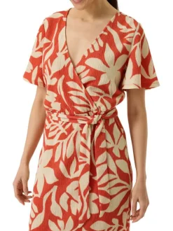 Robe longue orange à imprimé floral avec un col croisé et des manches courtes