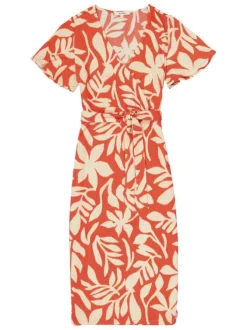Robe longue orange à imprimé floral avec un col croisé et des manches courtes