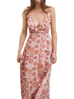 Robe longue orange sans manche pourvue de motifs floraux imprimés