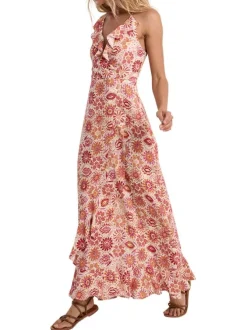 Robe longue orange sans manche pourvue de motifs floraux imprimés