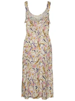 Robe longue parme fantaisie coupe régular col rond à manches à bretelles avec un voile smocké dans le dos