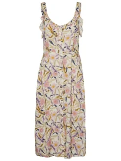 Robe longue parme fantaisie coupe régular col rond à manches à bretelles avec un voile smocké dans le dos