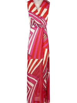 Robe longue rose avec imprimé géométrique et une coupe évasée