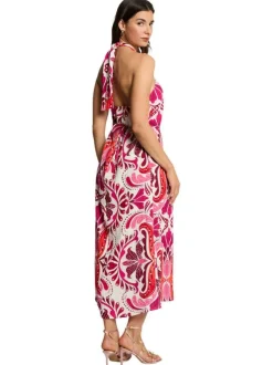 Robe longue rose sans manche à coupe droite pourvue de liens à nouer