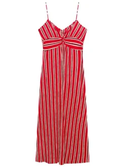 Robe longue rouge imprimée avec une coupe droite à col v et des bretelles