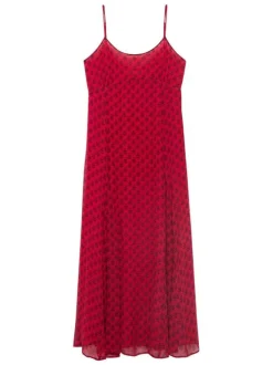 Robe longue rouge imprimée avec une coupe droite et un col rond à bretelles