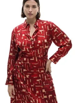 Robe longue rouge imprimée à coupe évasée avec col à revers et manches longues