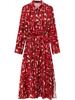 Robe longue rouge imprimée à coupe évasée avec col à revers et manches longues