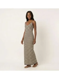 Robe longue sable à rayures pourvue d'une coupe moulante et d'un col v