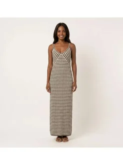 Robe longue sable à rayures pourvue d'une coupe moulante et d'un col v