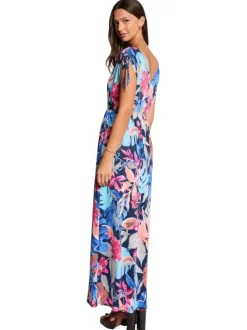 Robe longue sans manche multicolore coupe cintrée pourvue d'un col v