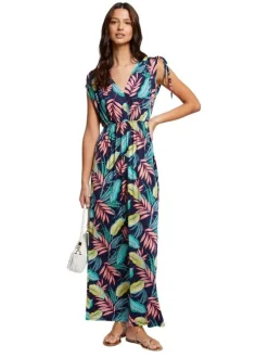 Robe longue sans manches rouge fleurie avec une coupe droite et un col V