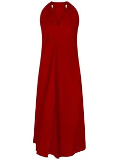 Robe longue sans manches rouge unie avec une coupe droite et un col v