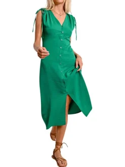 Robe longue sans manches verte unie avec une coupe ajustée et un col v