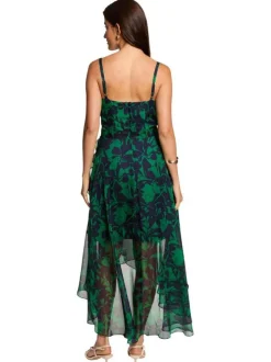 Robe longue verte florale avec une coupe asymétrique et un décolleté cache-coeur