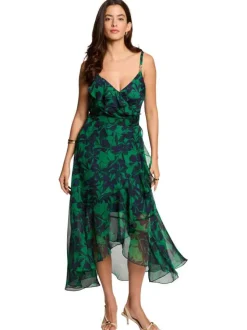 Robe longue verte florale avec une coupe asymétrique et un décolleté cache-coeur