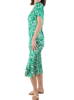 Robe longue verte imprimé abstrait avec coupe évasée fluide et col cache-coeur