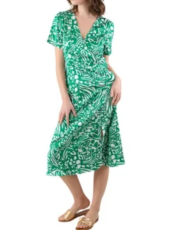 Robe longue verte imprimé abstrait avec coupe évasée fluide et col cache-coeur
