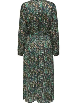 Robe longue verte imprimé abstrait à coupe droite fluide et col v