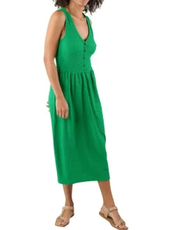 Robe longue verte unie avec une coupe évasée fluide un col v et sans manches