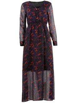 Robe MAGNOLIA noire, violette et rouge fantaisie coupe évasée col v