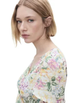 Robe midi beige fleurie à coupe droite fluide et à manches courtes amples