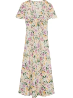 Robe midi beige fleurie à coupe droite fluide et à manches courtes amples