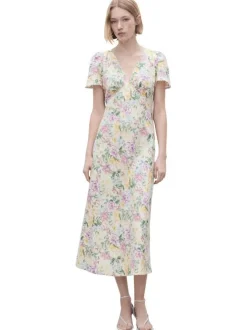 Robe midi beige fleurie à coupe droite fluide et à manches courtes amples