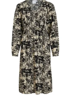 Robe midi beige imprimé abstrait à coupe droite et col cache-coeur