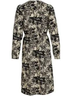 Robe midi beige imprimé abstrait à coupe droite et col cache-coeur