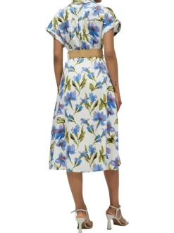Robe midi écrue fleurie à coupe droite fluide et à col v à revers