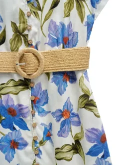 Robe midi écrue fleurie à coupe droite fluide et à col v à revers