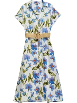 Robe midi écrue fleurie à coupe droite fluide et à col v à revers