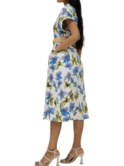 Robe midi écrue fleurie à coupe droite fluide et à col v à revers