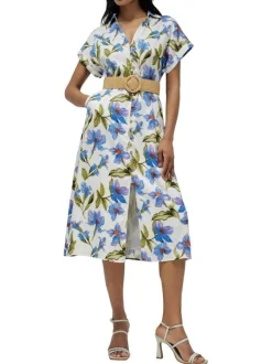 Robe midi écrue fleurie à coupe droite fluide et à col v à revers