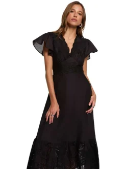 Robe midi en coton noire uni avec une coupe évasée et un décolleté en V festonné