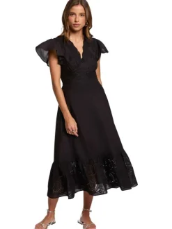 Robe midi en coton noire uni avec une coupe évasée et un décolleté en V festonné