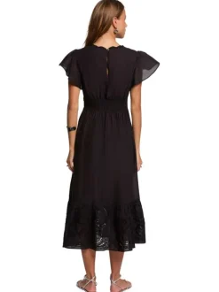 Robe midi en coton noire uni avec une coupe évasée et un décolleté en V festonné