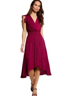 Robe midi prune uni pourvue d'une coupe asymétrique et d'un col en V