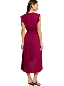 Robe midi prune uni pourvue d'une coupe asymétrique et d'un col en V
