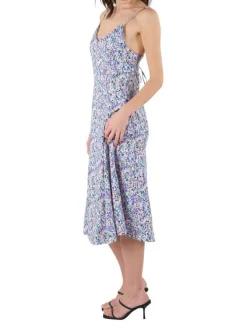 Robe mi-longue à fines bretelles multicolore fleurie à coupe évasée et col v