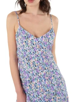 Robe mi-longue à fines bretelles multicolore fleurie à coupe évasée et col v