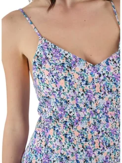 Robe mi-longue à fines bretelles multicolore fleurie à coupe évasée et col v