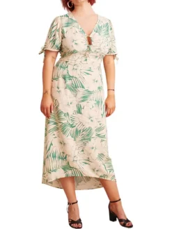 Robe mi-longue Italia verte fleurie à coupe ajustée col v et à manches courtes