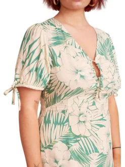 Robe mi-longue Italia verte fleurie à coupe ajustée col v et à manches courtes