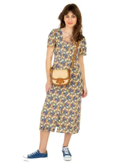 Robe mi-longue multicolore fleurie à coupe évasée col rond et à manches courtes