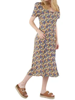 Robe mi-longue multicolore fleurie à coupe évasée col rond et à manches courtes