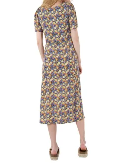 Robe mi-longue multicolore fleurie à coupe évasée col rond et à manches courtes